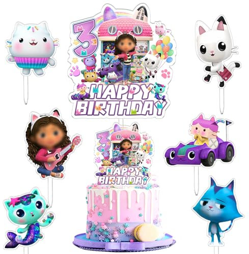 Gabb Birthday Cake Decoration - Pack of 7, Cake Toppers & Cupcake Inserts for Girls' 3rd Birthday