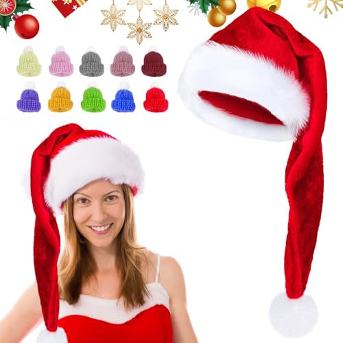 Zkaoai Weihnachtsmütze, Weihnachtsmütze Lang, 75cm Weihnachtsmützen Erwachsene, Nikolausmütze Erwachsene, Rot Plüsch Nikolausmütze mit 10 Stück Mini Weihnachtsmützen Damen Herren