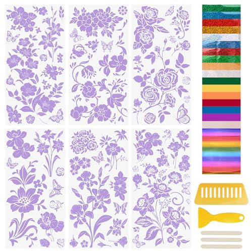 WANDIC 6 Bögen Glitzer Goldfolie selbstklebende Transfer-Aufkleber, Transferfolie-Blumen-Themen-Aufkleber für Geschenkverpackung, DIY, Basteln, Alben, Möbel, 15 x 30 cm