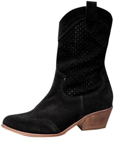 liaddkv Stivali occidentali da donna con tacco alto, da cowboy, a mezza altezza, con occhielli, tacco a blocco, a punta, stile vintage, da donna, Nero , 35
