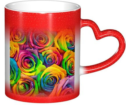 Taza de café y té con diseño de cielo estrellado de 325 ml, diseño de rosas coloridas, tazas de café de cerámica para mujeres y hombres