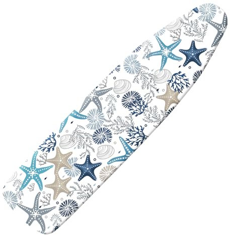 Extra Thick Ironing Board Cover and Pad, Coral Starfish Coastal 15x54 Ironing Board Cover, Resist Scorching and Staining,Elastic Edges,Nautical Blue Conch Ocean Theme