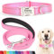 SEOUGEE Personalised Dog Collar and Lead Set with Engraved Metal Buckle, Reflective Nylon Dog Collars and Leash for Large Dogs with Custom Name Plate Phone Number (Pink Set, L:Neck 40-60cm)