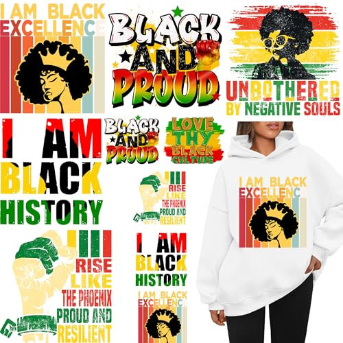 10 Blatt Black History Month Iron On Decals Washable Heat Transfers Patches for Clothing Hoodies T-Shirts Design I Am Black History Ready to Press Vinyl Sticker DIY Decoration Applique
