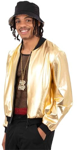 Smiffys Men’s Gold Jacket, Shiny Metallic Bomber Style Zip-Up with Black Trim, Fancy Dress Costume for 80s Hip Hop, Disco Parties, Festivals and Themed Events