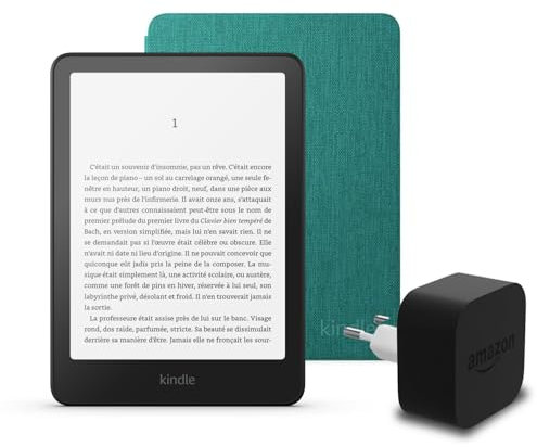 Le dernier Kindle Paperwhite (version 2024) 16 GB sans publicité, une housse en tissu Amazon et un adaptateur secteur Amazon Powerfast 9 W.