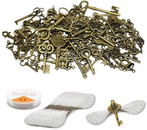 PXBSNB 125 Stück Vintage Schlüssel, Anhänger Skelett Schlüssel Vintage Deko mit 50 Paar Libellenflügel und 13m Kristallschnur, Schlüssel Charms Anhänger Set für DIY Herstellen Schmuck Hochzeit Deko