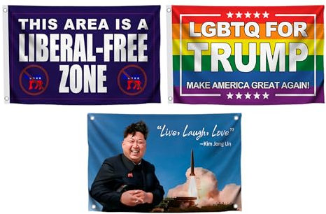 Set mit 3 lustigen Zitaten 90 x 150 cm Flaggen mit vier Messingösen – Republikanische politische Rebellenflaggen – Kim Jong coole Flaggen für Dekoration Jungenzimmer – LGBTQ lustiges Banner für