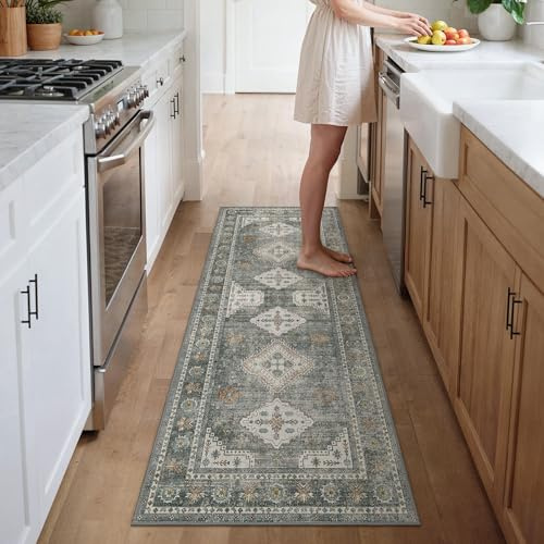 GENIMO Boho Vintage Flur Teppich Läufer, Waschbar & rutschfest, Kurzflor Teppich für Flur, Gang oder Schlafzimmer, Stilvoller Läufer, Stahlblau Grau, 80x200 cm