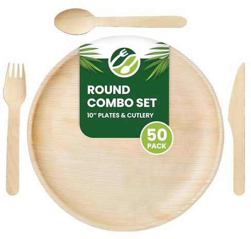 Eco Leaf 200pcs Disposable Palm Leaf Plates and Wooden Cutlery Set – 50 Large Round Plates, 50 Forks, 50 Knives, 50 Spoons – Eco-Friendly, Biodegradable, Perfect for Parties, Events, and Catering
