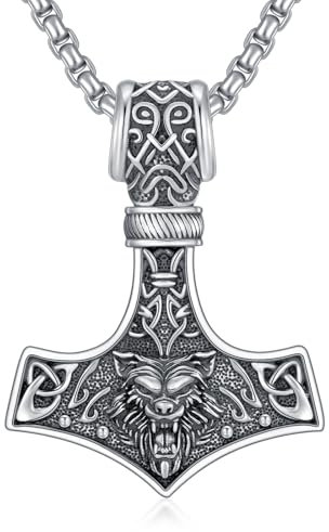 PDTJMTG Thors Hammer Necklace Sterling Silver Norse Viking Wolf Hammer Pendant Necklaces Nordic Jewelry for Men
