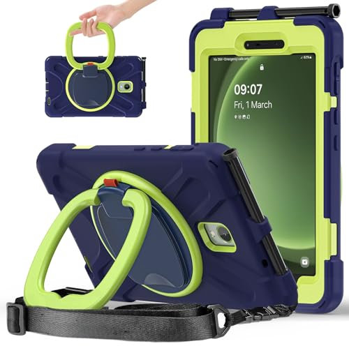 Compatible con Samsung Galaxy Tab Active 3 20.3 cm 2020 T570/T575/T575N/T577, soporte de mango multifunción giratorio de 360 grados + correa para el hombro funda protectora resistente (azul marino)