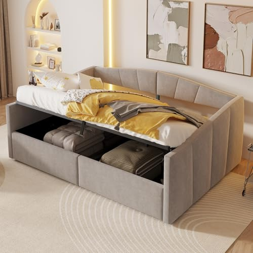 EINHOM Tagesbett Schlafsofa 140x200 cm, Polsterbett mit Hydraulischer Lagerung, Sofabett mit Lattenrost und Armlehnen, Klassisch Gestreift, Samtstoff, Ohne Matratze, Hellgrau