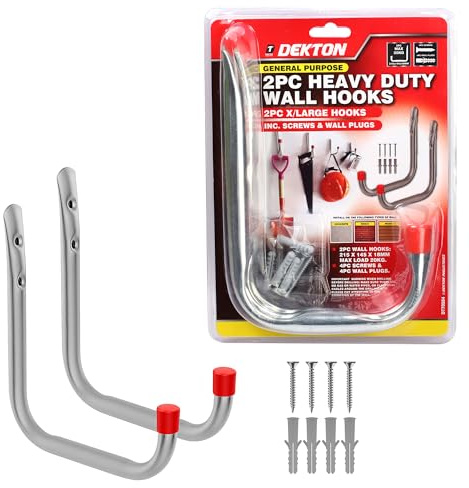 DEKTON 2PC 21.5cm x 14cm General Purpose Wall Hooks - Max Capacity of 15kg | Ideal for Hanging Tools, Coats, Bags, and More | Durable, Rust-Resistant Metal Construction for Home, Garage, or Office