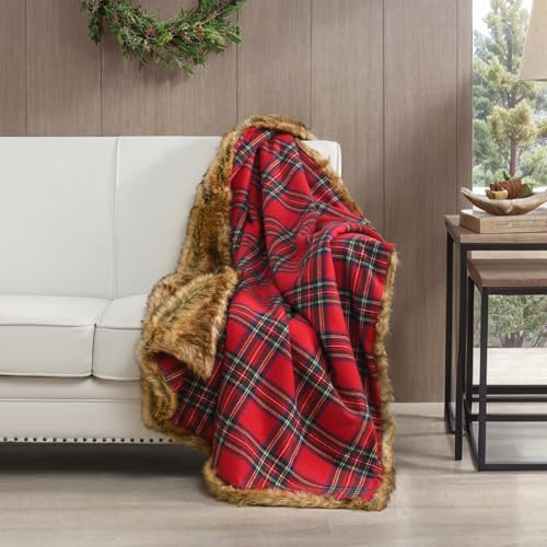HORIMOTE HOME Faux Fur Throw Blanket | Christmas Red Plaid Fluffy Fur Blanket– Ultra-Soft & Luxurious Cosy Throws for Sofas, Couch & Bed Decor (125x150cm)