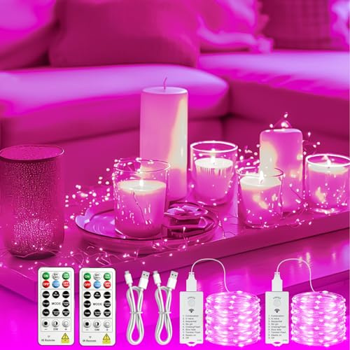 SINAMER Fairy Lights Rechargeable, 2 Pack 33FT 100LED, Remote & DIY Timer | Battery Operated, Twinkle Silver Wire, Indoor String Lights, For Bedroom Christmas Wedding Tree Decor, Pink
