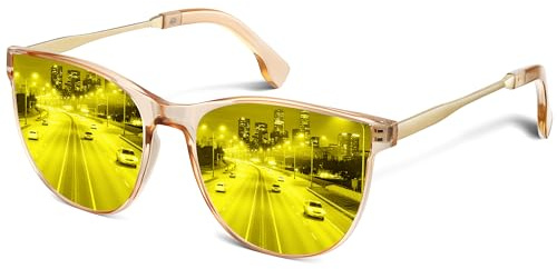 kunchu Nachtfahrbrille für Damen, Polarisierte Nachtsichtbrille mit Gelben Gläsern und Katzenaugenrahmen, Stilvoller Blendschutz für Nachtfahrten und Regen Champagner