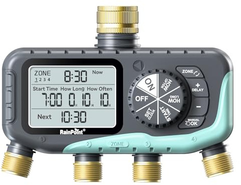 RAINPOINT Programador Riego 4 Salidas, Entrada y Salida de Latón, Impermeable IP65, Temporizador de Riego Automático con Retardo de Lluvia/Riego Manual, para Invernadero, Césped y Jardín