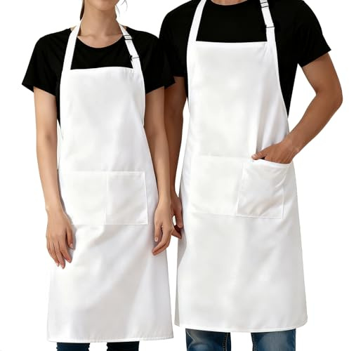 Tacitmeet 2 Stück Schürze Kochschürze für Damen Männer, Verstellbarem Küchenschürze mit Taschen, Schürze Weiß für Kochen, Hausarbeit, Malen, Backen