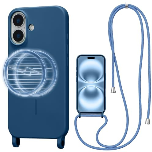 UCASONG Magnetic Case for iPhone 16 with Lanyard, Blue | Compatible with MagSafe, Crossbody Liquid Silicone Case, Soft Shockproof Protective Cover, with Adjustable Neck Cord Strap