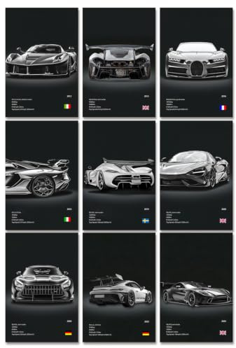 9 Stück Auto Poster, Sportwagen Wandposter für Zimmer Deko Jungs, Supercar Auto Bilder für Die Wand, Auto Zimmerdeko Geschenk Autoliebhaber für Büro Garagen Schlafzimmer Wohnzimmer Wanddeko, 30×20cm