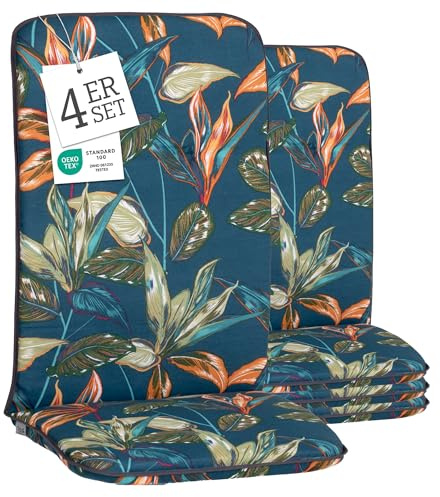 Beo Hochlehner Gartenstuhlauflage Bali - 4er Set - 114 x 47 cm - Gartenstuhlkissen Outdoor - Waschbar, UV-beständig, Atmungsaktiv & Oeko-TEX Zertifiziert - Baumwolle & Extra Dickes Polster - Enschede