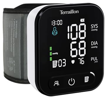 TERRAILLON Tensiometre Poignet compact, Classe IIA TENSIO POIGNET TP251 | Ecran LED, Tension Artérielle, Rythme Cardiaque, Indicateurs couleur, 2 profils, 99 Mémoires, Dim. brassard 13,5-19cm, USB-C