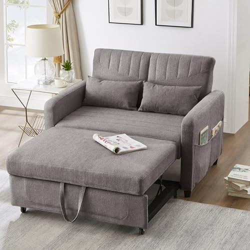 Merax Schlafsofa 2-Sitzer Sofa mit Schlaffunktion - Kleines Sofabett | 166x114 cm - Klappsofa 3-in-1 Schlafcouch Ausziehbar mit Verstellbarer Rückenlehne, Seitentaschen, Baumwoll-Leinen-Stoff, Grau
