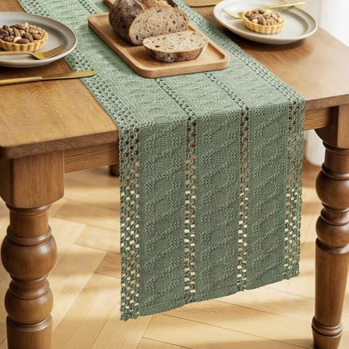 Tischläufer Salbeigrün Boho Makramee, Tisch Läufer Grün, Handgewebte Baumwolle Leinen Table Runner im Landhausstil, Tischdecke für Esstisch, Küchentisch, Hochzeit, Party Festliche Deko, 30x140 cm