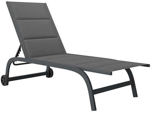 Outsunny Sonnenliege Atmungsaktive Gartenliege mit 6-Fach Verstellbar Rückenlehne Rädern Aluminiumrahmen, gepolsterter Liegestuhl bis 120 kg Relaxliege Gartenmöbel für Garten Terrasse Pool Dunkelgrau