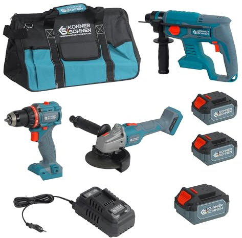 K&S Könner&Söhnen KS RHAGD 20V SET 3 PLUS Set 3-in-1: Bohrmaschine, Winkelschleifer und Schlagbohrmaschine. Mit 2 × 4.0 Ah Li-Ion Akkus, schnellem Ladegerät 4.5 A + Akku (KS 20V4-1) als Geschenk!