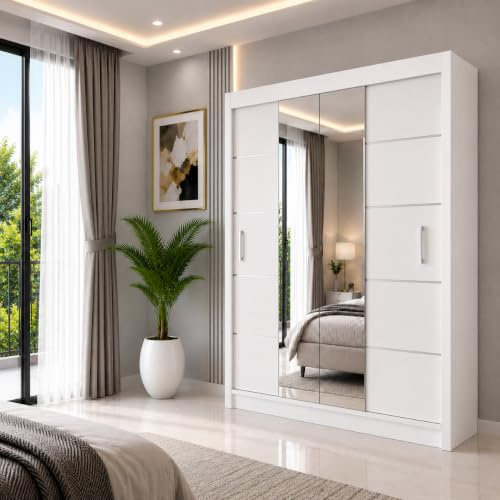 REXwood Furniture Oslo Sliding Door Wardrobe with Mirror, Modern Bedroom Wardrobe with Shelves and Hanging Rails, Grey Matt Finish, 150-250 cm (White, 150cm)