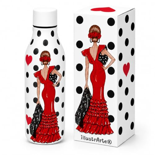illustrArte Botella Térmica Flamenca Manuela 500 ml sin BPA | Botella térmica flamenca 500 ml de acero inoxidable sin BPA; regalo para clase, trabajo o viaje.