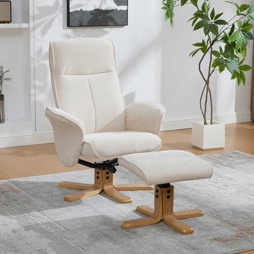 staronce Relaxsessel mit Hocker 360° drehbar, gepolsterter Drehsessel aus Chenille-Stoff, verstellbare Rückenlehne 145°, Massivholzfuß, Bequemer Fernsehsessel für Wohnzimmer, Beige