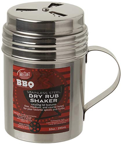 Tablecraft, 10 oz, Silver Stainless Steel Dry Rub Shaker with Handle, 10-Ounce (BBQ160H)