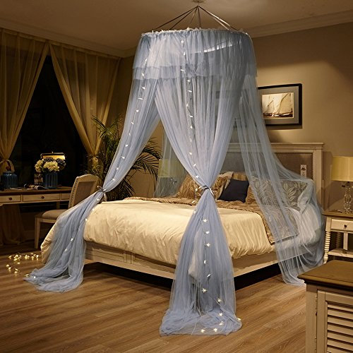 Mengersi Betthimmel-Vorhang für Mädchen und Erwachsene, Kuppelbett, Moskitonetz für Doppelbett, Queen-Size-Bett, schnelle einfache Installation (runder Baldachin + LED-Lichter, grau)