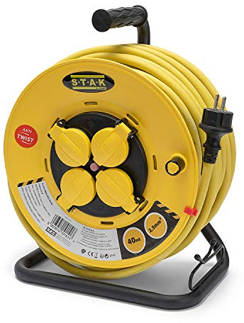 Stak REELPRO-FR-40 - Avvolgicavo elettrico professionale, tamburo fisso, impermeabile IP44 cavo 40 m in gomma 3G2,5 mm2 per cantiere, bricolage, giardino, 4 prese, struttura in acciaio, colore: Giallo