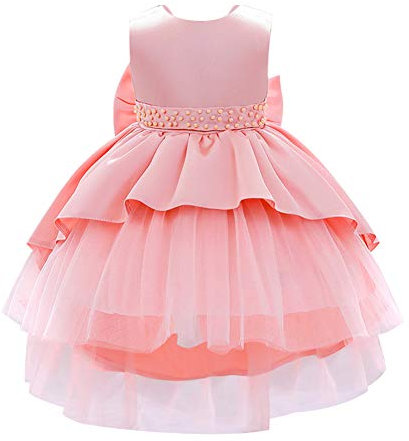 IWEMEK Enfant Bébé Fille De Fleur sans Manches Hi-lo Plissé Satin Tulle Bowknot Robe De Princesse Demoiselle d'honneur Robes De Mariée Communion Fête d'anniversaire Soirée Robe De Bal Rose 3-4 Ans