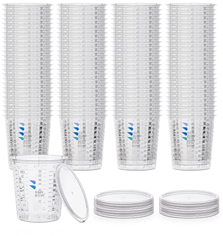 BenBow Profi-Messbecher 50x 1370ml mit 6x Deckel - Mischbecher mit vielfältiger Skalierung für Harz, Epoxidharz & Lack – Becher mit Skala Lackmischbecher Meßbecher Lackbecher Einwegmischbecher