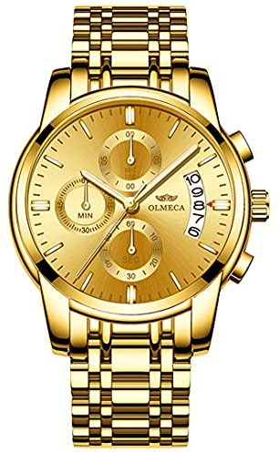 DREAMING Q&P Edelstahl Herren Armbanduhren Chronograph Multifunktionale Kristall Armbanduhr für Mann mit Datum Kalender, gold, Armband, 304NJ