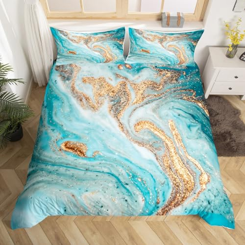 Marbling Duvet Cover Set Double Mint Gold Glitter Turquoise Comforter Cover Chic Girly Marble Bedding Set 3pcs for Kids Girls Room Decor, Abstract Stone Texture Bedspread with 2 Pillowcases