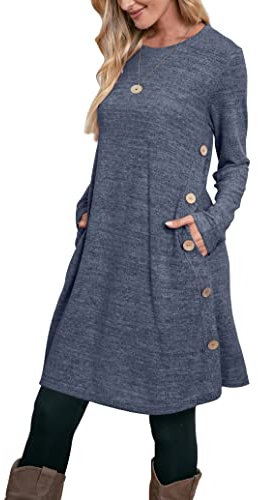 Aokosor Jumper Dress for Women Long Sleeve Dress Ladies Button Tunic Dress with Pockets Dark Blue Size 10-12