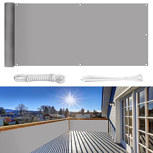 Balkon Sichtschutz 80×1700cm Ohne Bohren, 100% Schutz der Privatsphäre,Blickdichte Balkonumspannung Windschutz UV-Schutz Gartenzaun Schwimmbad-Leitplanke,mit Ösen Kabelbinder und Kordel/Hellgrau