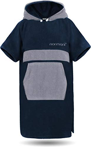 normani Baumwoll Surfer Poncho - Strandponcho - Handtuch-Poncho - Unisex Strand Umziehhilfe - geschlossener Bademantel für Damen und Herren Farbe Navy/Grau Größe S-M