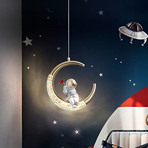 HKLY LED Pendelleuchte für Kinder 10W Kinderzimmer Deckenlampe Astronaut Mond Kronleuchter Mädchen Junge Jugendzimmer Lampe Pendellampe Höhenverstellbar Schlafzimmer Dekorative Lampe,Ø20cm