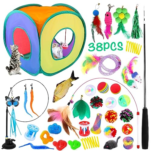 JOTOL Juguetes para Gatos,38pcs Juguete Interactivo para Gato,Juguetes Gatos con Túnel para Gatos,Ratones,Varita de Plumas,Peces,Bolas y Campanas
