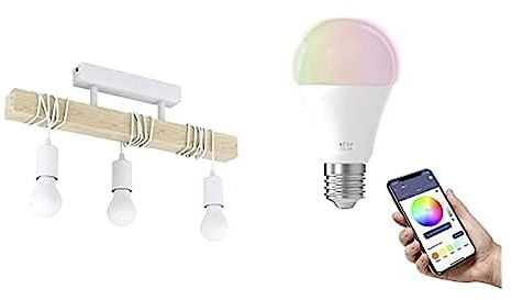EGLO Deckenlampe Townshend, Vintage Deckenleuchte im Industrial Design inkl. 3 E27 Smart Home connect.z RGB Leuchtmittel, dimmbare Pendelleuchte aus Stahl und Holz, Weiß, braun