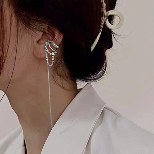 ZLING 1 Stück Elegant Keine Durchbohrten Ohrclips Frauen Silber Gold Farbe Lange Quaste Kette Perle Zirkon Ohr Manschette Mode Ohrring Trendige Schmuck