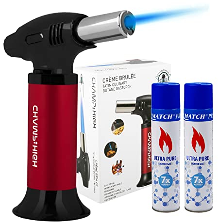 Pack de 1 Soplete Antorcha Cocina Recargable, Butano Gas Precargado con Bloqueo de Seguridad y Llama Ajustable,+ 2 Botellas de Gas Butano 300ml, para Bricolaje, Crema, Brulée, Postres, Soldadura