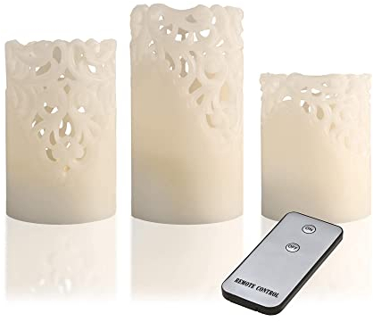 X4-LIFE LED Kerzen Spitzenmuster 3er-Set, Fernbedienung, LED-Echtwachskerzen, echtes Wachs, AA-Batterie, dekorativ, warmweißes, täuschend echt flackernde Kerzenflamme, Kerzen 10cm 12cm 15cm hoch